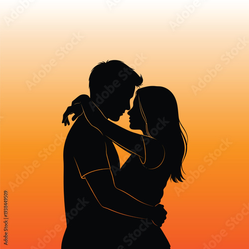 A romantic couple embracing in love during a beautiful sunset