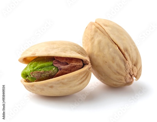 Two pistachios one cracked open revealing the green nut and a brown skin, the other whole, on a bright white background