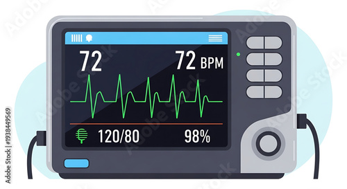 Medical vital signs monitor displaying heart rate and blood pressure readings, illustrating health monitoring technology