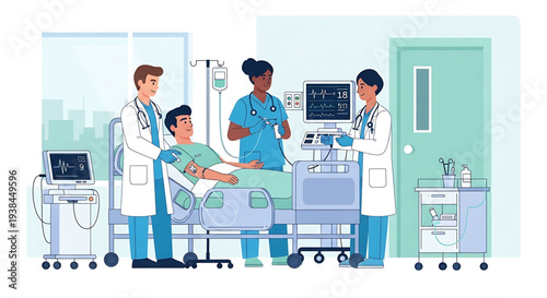Medical team provides intensive care to a patient in a hospital room with advanced monitoring equipment