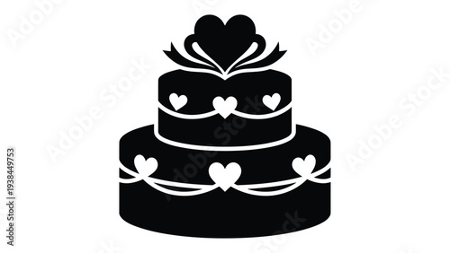 A black and white illustration of a wedding cake with hearts and decorations