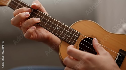 Hands playing chords on a light colored wooden ukulele with dark fretboard