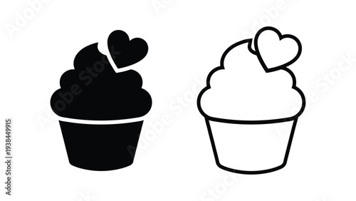 A black and white illustration of two cupcakes with hearts on top