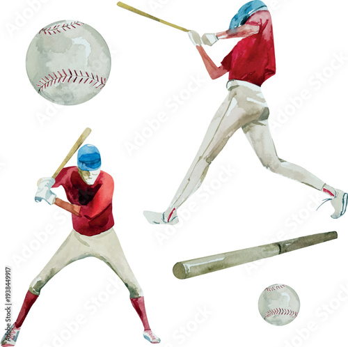 Set of baseball players vector silhouettes. Group of baseballer, cap, leather glove for sport, isolated watercolor drawings. Illustration player hitting a ball. Hitter swinging with bat.