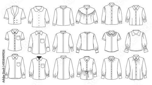 A collection of various shirt designs and styles in black and white illustrations