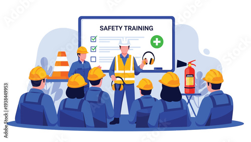 A group of construction workers attending a safety training session in a classroom