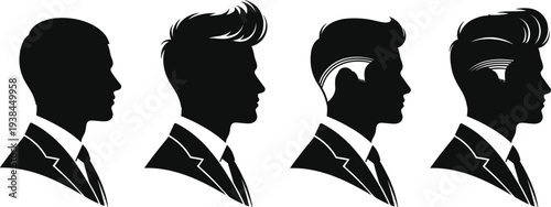 Men hairstyle silhouette vector illustration with modern grooming styles, clean shave, slick back, pompadour designs, fashion artwork concept for barbershop, style guide