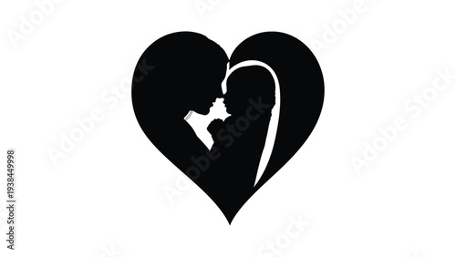 A black heart shaped icon with a couple's silhouettes in love