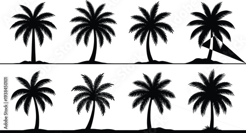 Palm tree silhouettes collection with tropical island landscape elements, black vector icons isolated on white background for summer travel, beach design, and branding
