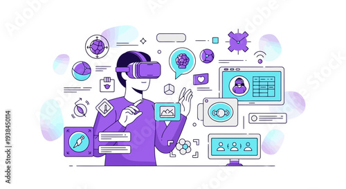 Person wearing VR headset interacts with futuristic digital interface surrounded by icons and graphics