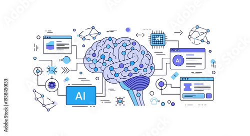 Artificial Intelligence Brain with Circuitry and Digital Interfaces, Representing Advanced Technology and Innovation, Vector Illustration