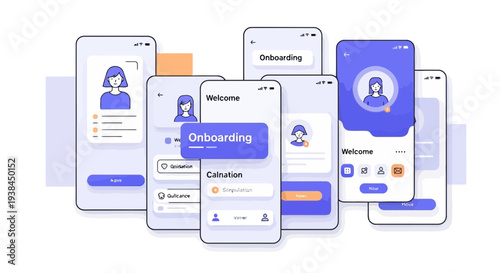 Mobile Application Onboarding Screens Displaying Various User Interface Elements and Icons in a Collage View Representing Digital Technology and User Experience