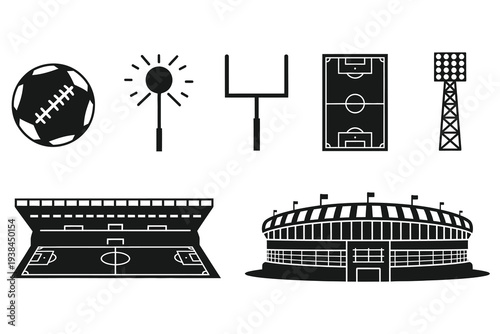 Sports stadium icons including football, soccer field and arena