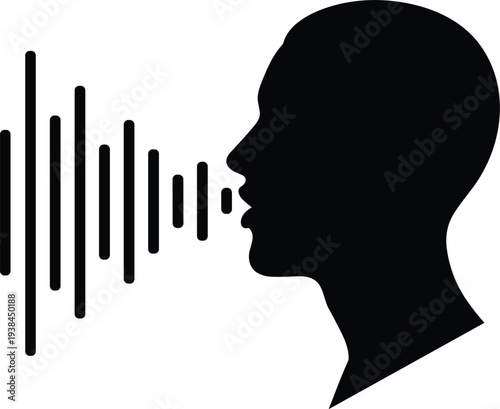 Human head silhouette vector illustration with sound waves, speech communication artwork, audio technology concept, vocalization design symbol for language, voice recognition, sound transmission