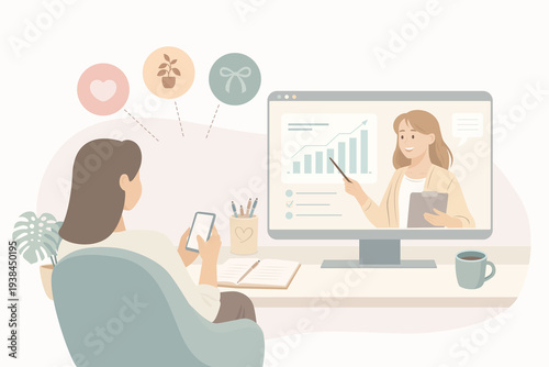 Flat vector illustration of an online coaching session with a female mentor teaching during a virtual meeting on a computer screen while a student watches remotely. Concept of online education, webina