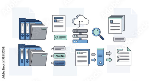 File management and organization concept with folders, documents, and data transfer icons in a digital workspace with cloud storage and search functionality.