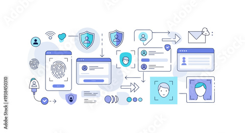 Digital workflow illustration showcasing various devices and security icons in a networked environment from a top-down viewpoint
