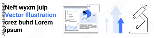 Business analysis, data science, research methods, growth trends, innovation, digital solutions. Graphs and charts next to a microscope and arrows. Data science and research methods concept