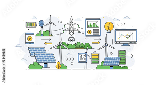Renewable energy sources depicted in an illustration with solar panels, wind turbines, and a power grid system.