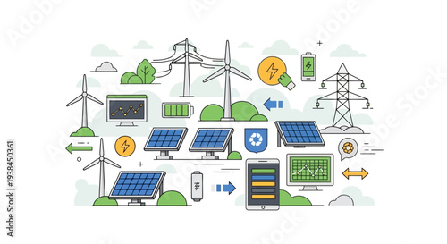 Renewable energy sources including wind turbines and solar panels illustrated in a modern graphic representation of sustainable power generation