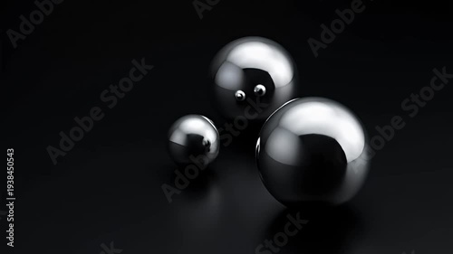 Three shiny chrome or metallic spheres on a dark reflective surface casting light