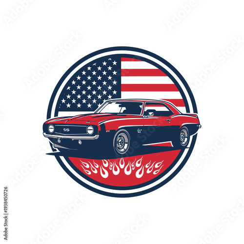 American muscle car illustration with usa flag and flames