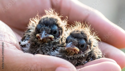 Two fledgling birds are cradled gently in human hands, their eyes wide and feathers disheveled in soft sunlight