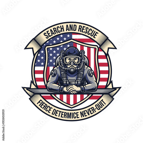 Search and rescue diver in scuba gear with american flag emblem and bold motto on white background