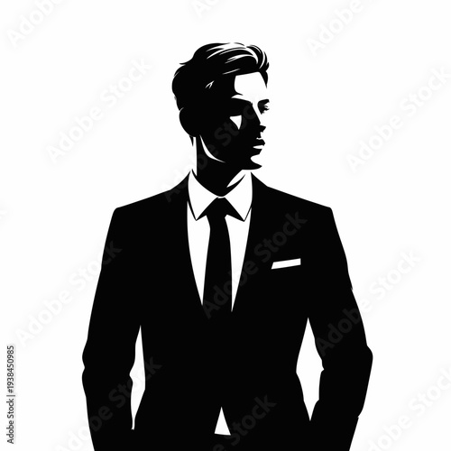 A silhouette of a confident businessman in a suit and tie
