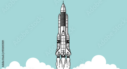 Space shuttle launch illustration with clouds on blue background