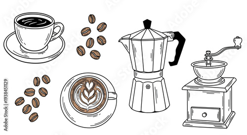 Hand drawn coffee shop outline doodle set with moka pot and grinder