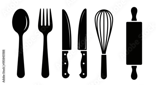 Black silhouette kitchen utensil and cutlery icon set