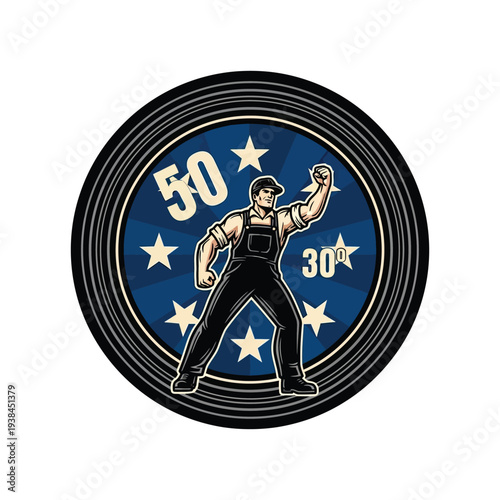 Vintage style illustration of a muscular worker in overalls with 50 and 30 degrees marked on a blue starry background