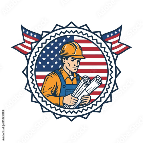 American construction worker with blue overalls and yellow hard hat holds building plans in front of usa flag