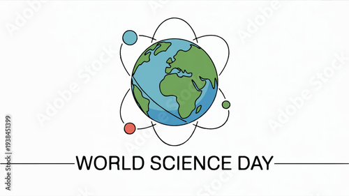 World science day vector illustration with earth and orbiting planets symbolizing global science and discovery on a white background with green and blue colors