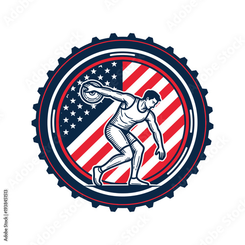 American sports logo with athlete throwing ball on usa flag background in circular emblem