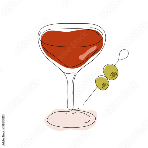 Minimalist one-line vector illustration of cocktail with an olive garnish. Contemporary aesthetic for mixology branding, aperitivo culture, and lounge menus.