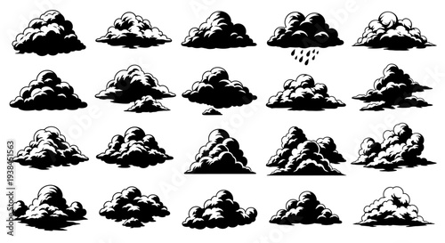 Collection of Black and White Cloud Silhouettes, Diverse Shapes and Forms