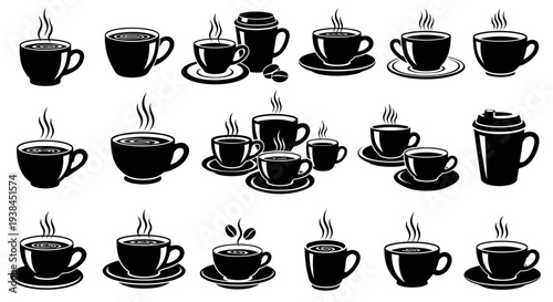 Collection of Black and White Coffee Cups with Steam, Vector Illustration