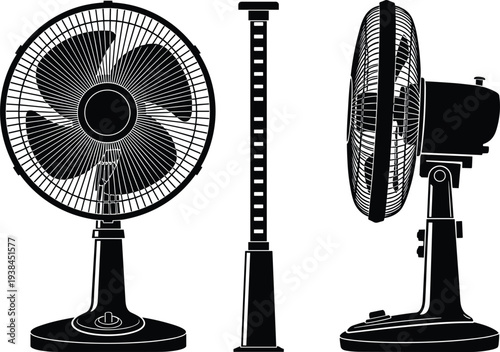 Pedestal fan silhouette vector illustration with front, side, adjustable height views, household appliance artwork concept for cooling device, home interior, product design