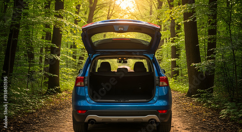 Car trunk open forest autumn leaves nature
