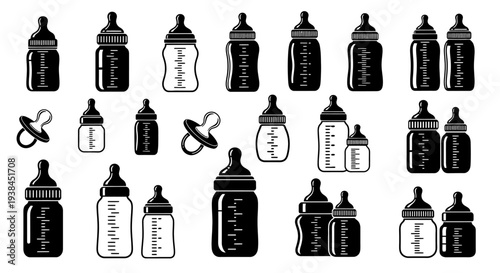 Baby Feeding Bottles And Pacifiers Collection - Vector Icons Set