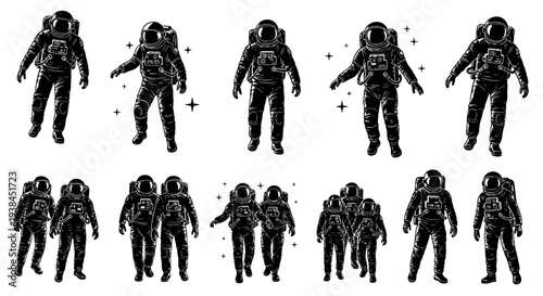 Astronauts in Space: Collection of Spacemen in Various Poses, Zero Gravity Exploration