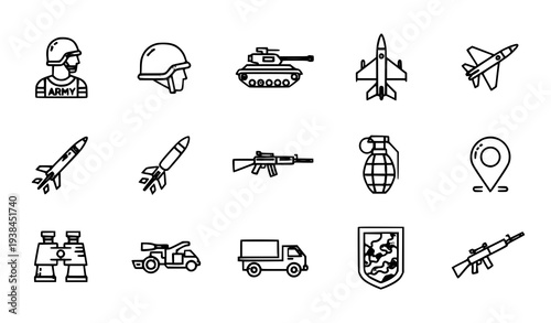 A set of military icons in a flat line art style