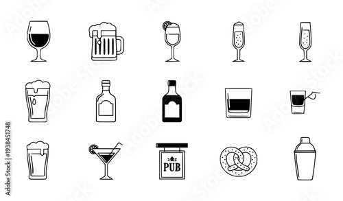A set of black and white vector icons depicting various alcoholic beverages and pub symbols