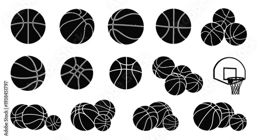 Basketball Collection: Multiple Balls, Hoop, and Groupings - Black and White Graphic