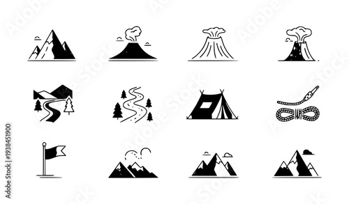 A set of minimalist camping and mountain icons in black and white