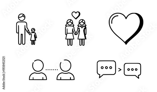 A set of simple line art icons depicting love and communication