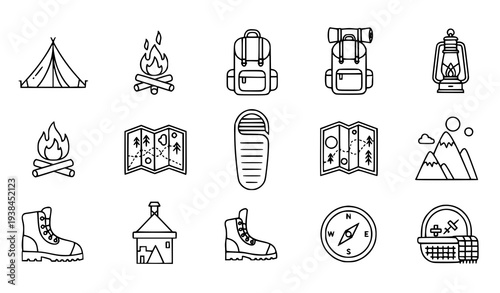 A set of minimalist camping icons in a flat line art style
