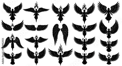 Collection of Angelic Silhouettes with Flaming Wings, Tattoo Design Elements